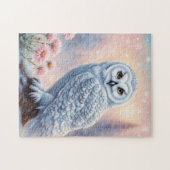 Puzzle Chouette neige de Noël, fleurs roses. (Horizontal)