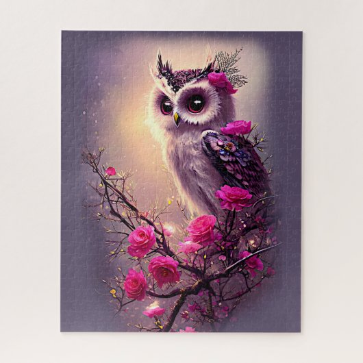Puzzle Chouette pourpre et fleurs roses (Vertical)