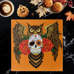 Puzzle Chouette Rose crâne sucre<br><div class="desc">Un grand hibou à cornes avec un jour de crâne de sucre mort et des roses rouges en toile de fond d'orange.</div>