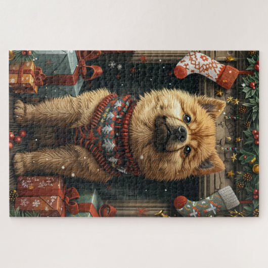 Puzzle Chow Chien Chow avec cadeaux de Noël cheminée (Horizontal)