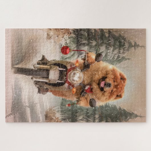 Puzzle Chow Chow Chien chevauchant la moto Noël (Horizontal)
