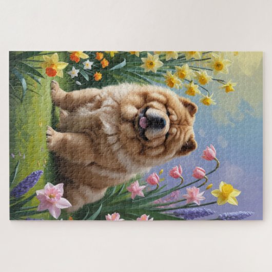 Puzzle Chow Chow Chien Fleurs de printemps Peinture (Horizontal)