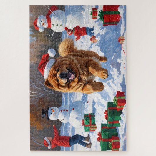 Puzzle Chow Chow coule en neige avec le Casquette de Noël (Vertical)