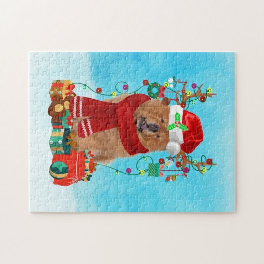 Puzzle Chow Chow dans la neige avec cadeaux de Noël (Horizontal)