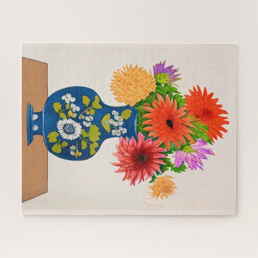 Puzzle Chrysanthèmes dans un vase chinois bleu (Horizontal)