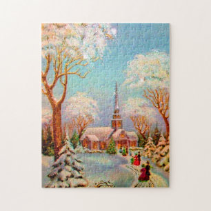 Puzzle Church Snow Scene Vintage Art Postcard