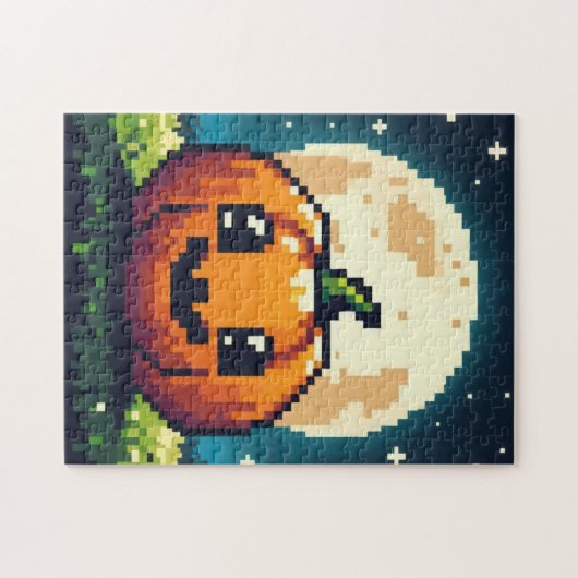 Puzzle citrouille Halloween 8 bits sous la lune (Horizontal)