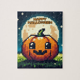Puzzle citrouille Halloween 8 bits sous la lune