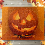 Puzzle Citrouille sculpté brillant classique<br><div class="desc">Ce puzzle d'Halloween est prêt pour vous à personnaliser avec votre propre légende de texte si vous le souhaitez. Créé avec une photo d'un classique citrouille jack'o'lanterne sculpté en broderie aux couleurs vives orange et jaune.</div>
