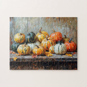 Puzzle Citrouilles d'automne colorés sur table rustique