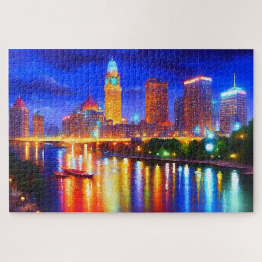 Puzzle city neon river skyscraper art coloré lumineux (Horizontal)