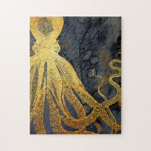 Puzzle Coastère Vintage Octopus Gold Black Blue Aquarell