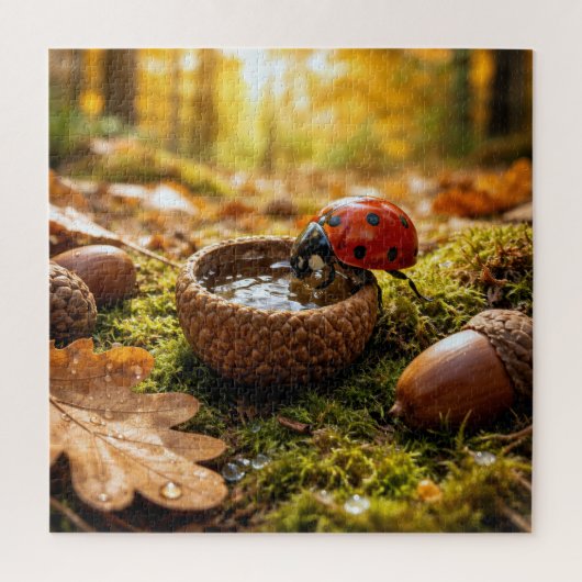 Puzzle Coccinelle buvant de l'eau dans une cupule de glan (Vertical)