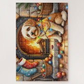 Puzzle Cockapoo assis près de la cheminée avec des lumièr (Vertical)