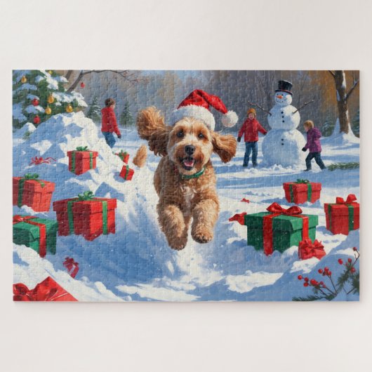 Puzzle Cockapoo courant dans la neige avec un chapeau de (Horizontal)