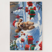 Puzzle Cockapoo courant dans la neige avec un chapeau de (Vertical)