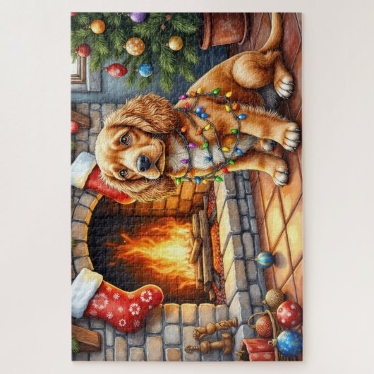 Puzzle Cocker Spaniel by Fireplace with Christmas Lights (Vertical)