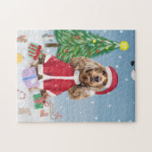 Puzzle Cocker Spaniel Chien en neige avec cadeaux de Noël (Horizontal)