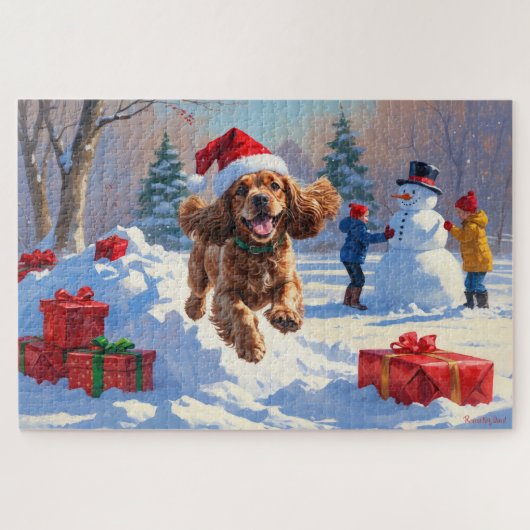 Puzzle Cocker Spaniel courant dans la neige avec un chape (Horizontal)