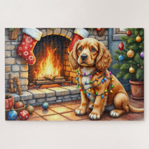 Puzzle Cocker Spaniel près de la cheminée avec des lumièr