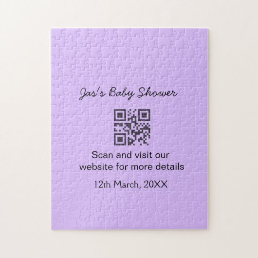 Puzzle Code QR simple pour baby shower violet avec texte (Vertical)