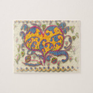 Puzzle Coeur d'art populaire avec feuilles et fleurs