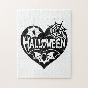 Puzzle Cœur d'Halloween, forme de cœur noir, toile d'arai