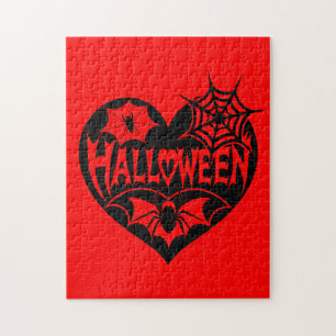 Puzzle Cœur d'Halloween, forme de cœur noir, toile d'arai