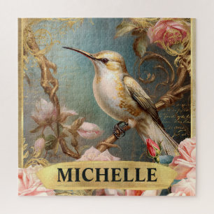Puzzle Colibri blanc à l'aquarelle vintage et roses roses