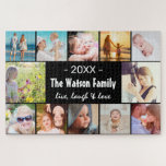 Puzzle Collage de photos de la famille Live, Laugh & Love<br><div class="desc">Puzzle de collage photo de famille moderne. Il suffit de télécharger 12 photos de carrés et de customiser le test dans le centre.</div>
