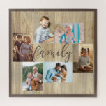 Puzzle Collage de photos familiales Lumineuses à grains d<br><div class="desc">Collage photo de famille avec 6 de vos photos préférées, calligraphie et cadre en bois clair. Le modèle photo est prêt pour vous à ajouter vos photos, qui sont affichées en format paysage et portrait. La couleur arrière - plan et le mot "famille" sont de couleur marron et vous êtes...</div>