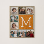 Puzzle Collage de photos Monogramme - Rustic Kraft et Ora<br><div class="desc">Couleurs d'automne chaudes avec un Brown naturel et Citrouille d'automne orange - Vous pouvez utiliser des photos Instagram pour cette conception. Utilisez 8 photos carrés pour créer un cadeau unique et personnel. Ou vous pouvez garder le chiot hipster et faire un gardien branché. Si vous avez besoin d'ajuster les images,...</div>