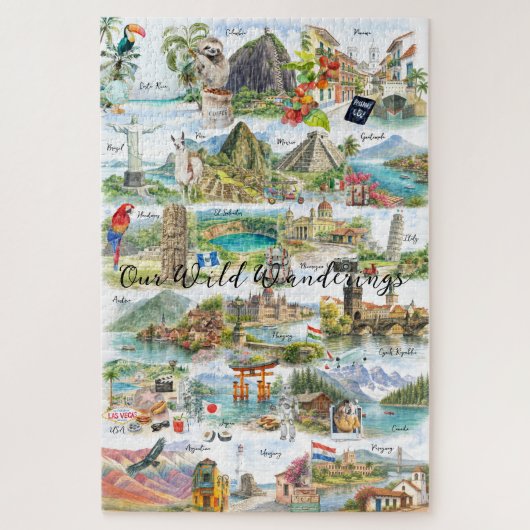 Puzzle Collage de voyage à l'aquarelle Wanderlust (Vertical)