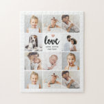 Puzzle Collage photo simple et chic | Amour avec coeur<br><div class="desc">Ce puzzle noir et blanc chic dispose d'une grille photo avec onze de vos photos personnelles, et une typographie de script moderne tendance qui dit "Amour". Il y a aussi un petit coeur élégant à l'allure d'or faux rose. Un cadeau simple, minimaliste mais absolument élégant pour votre mère, votre conjoint...</div>