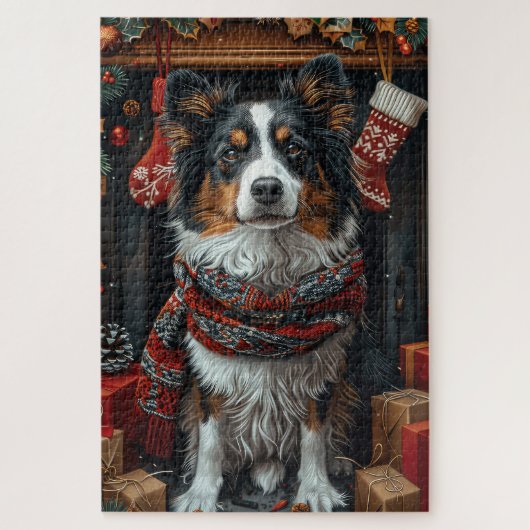 Puzzle Colley à poil long avec des cadeaux de Noël chemin (Vertical)