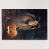 Puzzle Collie à poil long d'Halloween avec citrouilles ef (Horizontal)