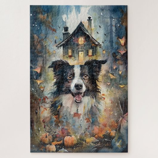 Puzzle Collie de Border Halloween avec citrouilles effray (Vertical)