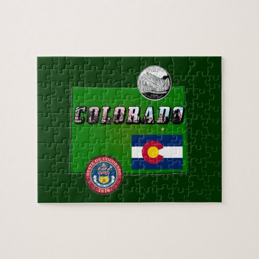Puzzle Colorado Texte, Drapeau, Sceau, Trimestre, Carte (Horizontal)