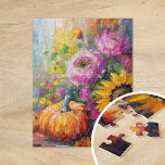 Puzzle Coloré Automne Floral et Citrouille<br><div class="desc">Une peinture abstraite moderne et vibrante qui présente un agencement ludique de citrouilles, de tournesols et d'autres feuillages d'automne. Les tons d'automne riches comme l'orange brûlée, les rouges profonds, les roses et les jaunes dorés se marient avec des touches douces et des éclats de couleur audacieux. Le style abstrait ajoute...</div>
