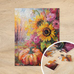 Puzzle Coloré Automne Floral et Citrouille<br><div class="desc">Une peinture abstraite moderne et vibrante qui présente un agencement ludique de citrouilles, de tournesols et d'autres feuillages d'automne. Les tons d'automne riches comme l'orange brûlée, les rouges profonds, les roses et les jaunes dorés se marient avec des touches douces et des éclats de couleur audacieux. Le style abstrait ajoute...</div>