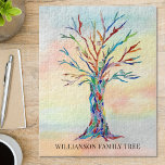 Puzzle coloré personnalisé arbre de famille puzzle<br><div class="desc">Ce puzzle élégant est décoré avec un motif coloré Family Tree sur arrière - plan aquarelle. Facilement personnalisable avec votre nom de famille. Parce que nous créons notre propre oeuvre,  vous ne trouverez pas cette image exacte d'autres designers. Mosaïque originale et aquarelle © Michele Davies.</div>
