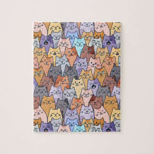 Puzzle Colorful Cute Cat Crowd Pattern Whimsical Cat Face (Vertical)