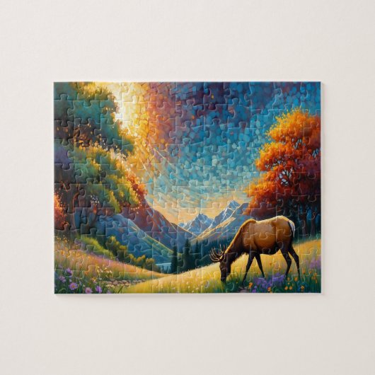 Puzzle Colorful Meadow Elk with Flowers Art (Horizontal)