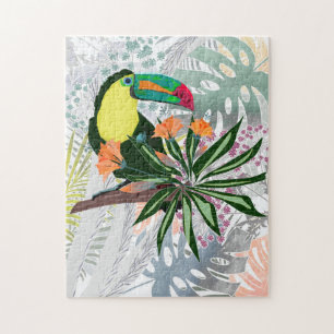 Puzzle Colorful Toucan and flowers.