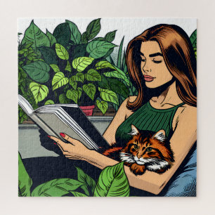 Puzzle Comédie Style femme, chat et livre