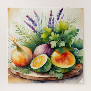 Puzzle Composition aquarelle d'herbes fraîches et de citr