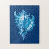 Puzzle Conch Shell Sea Life Print, Indigo Blue and White (Vertical)
