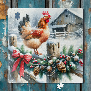 Puzzle Coq aquarelle sur la clôture après Noël
