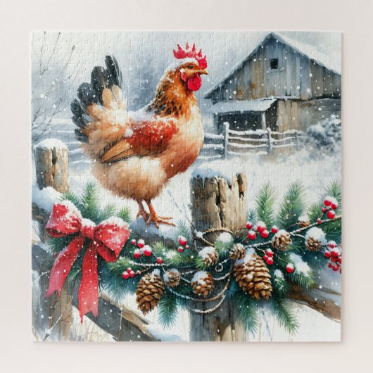 Puzzle Coq aquarelle sur la clôture après Noël (Vertical)