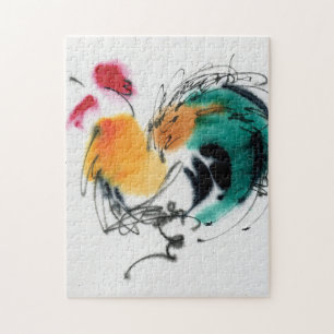 Puzzle Coq coloré. Calligraphie et watercolor.